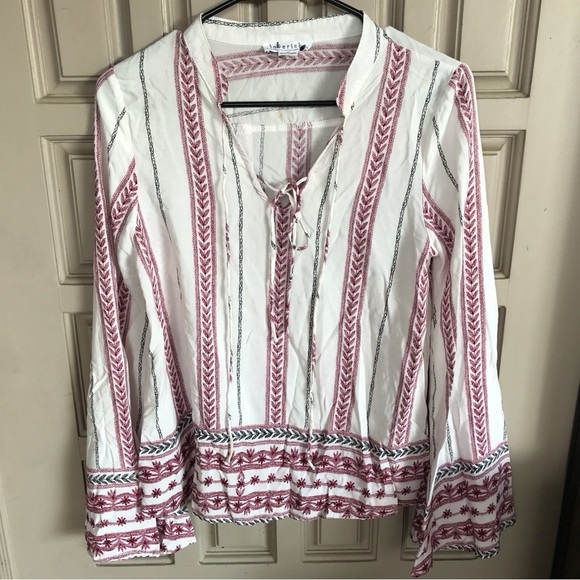 Loverich Boho Blouse White/Pink/Red Pretty SzM Long Sleeves Cropped - Picture 1 of 7